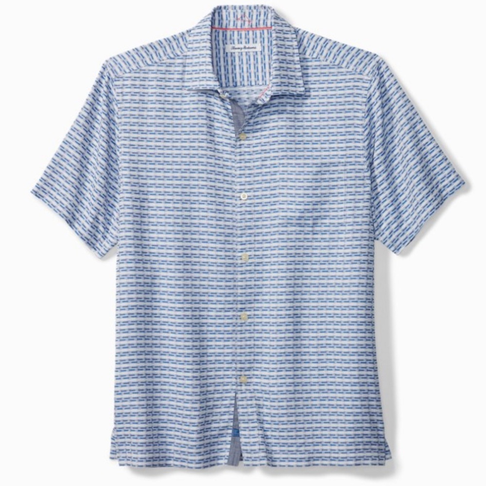 Tommy Bahama Men's Blue Geovanni Geo Striped Camp Shirt Medium M 100% Silk